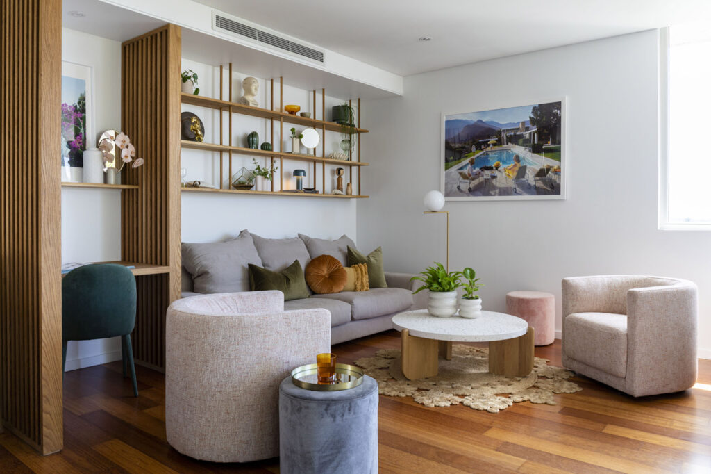 This Bondi apartment is both stylish & functional with seamless, minimalist design & bespoke joinery giving off a  Palm Springs, mid-century-modern vibe.